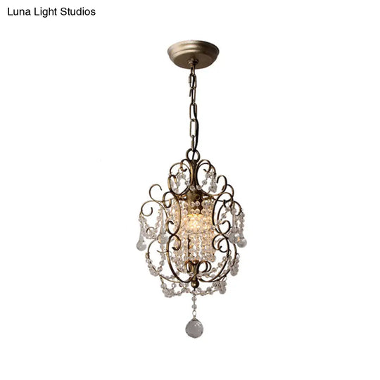 Traditional Metal Pendant Light Kit With Scrolled Frame Crystal Droplet And 1