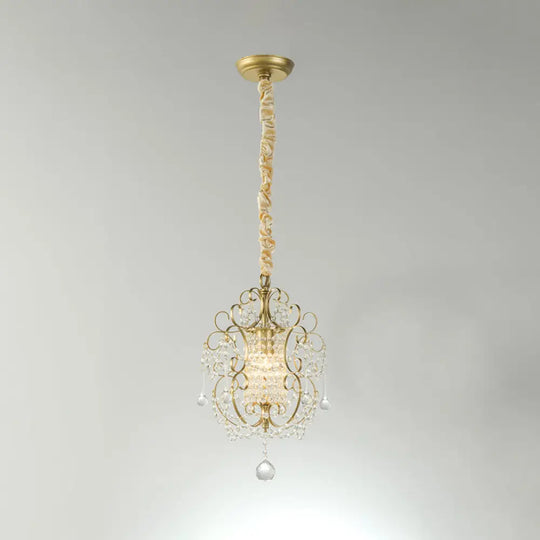 Traditional Metal Pendant Light Kit With Scrolled Frame Crystal Droplet And 1 Brass