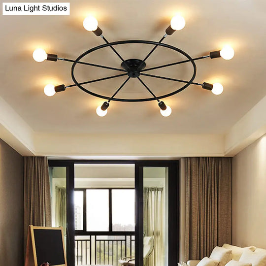 Traditional Metal Semi Flush Ceiling Light With 8 Black Wheel-Shaped Lights - Perfect For Living