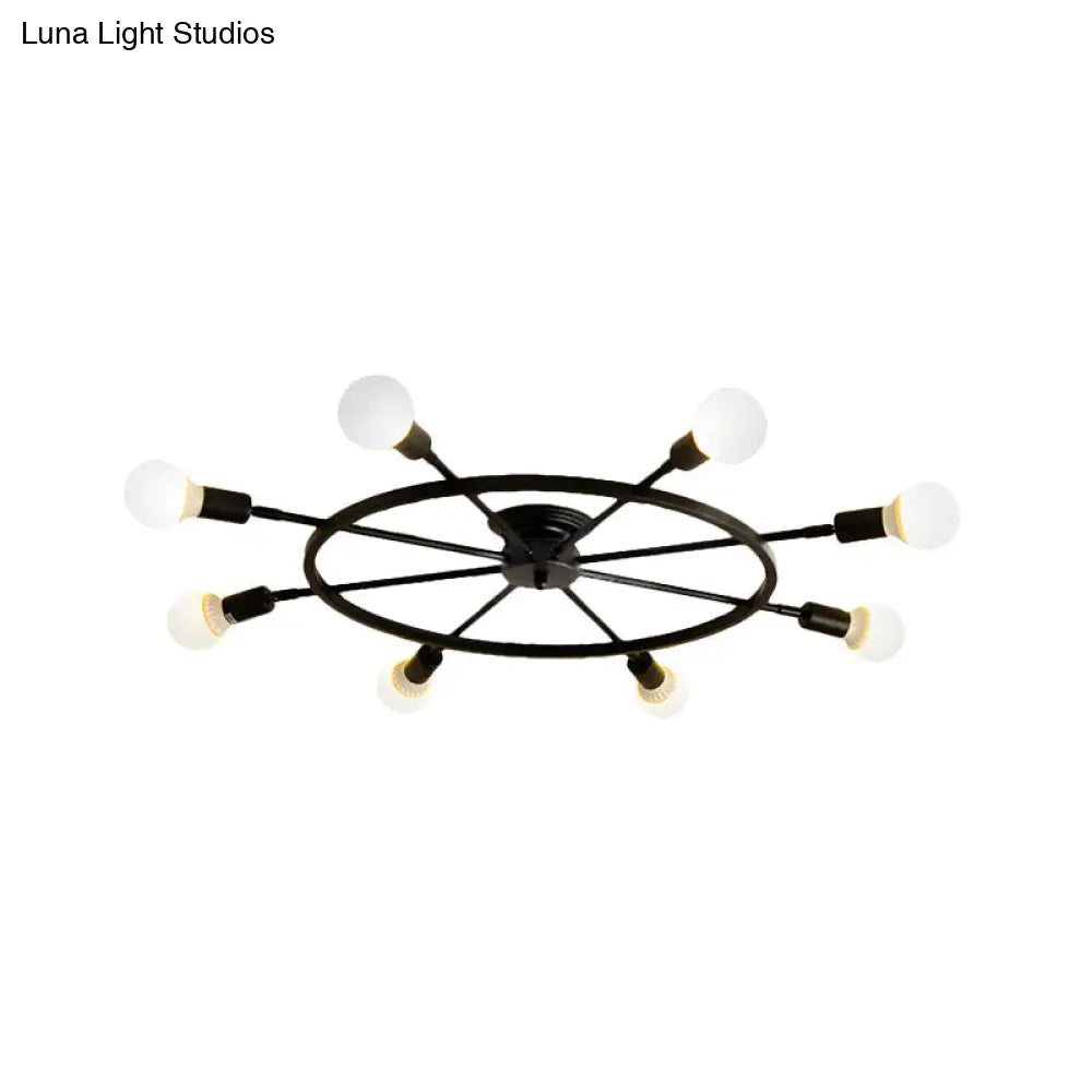 Traditional Metal Semi Flush Ceiling Light With 8 Black Wheel-Shaped Lights - Perfect For Living