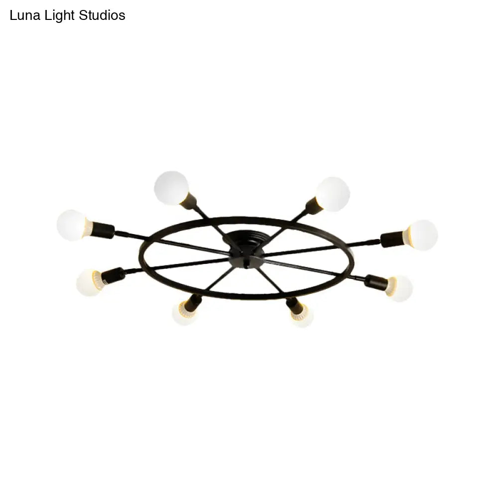 Traditional Metal Semi Flush Ceiling Light With 8 Black Wheel-Shaped Lights - Perfect For Living