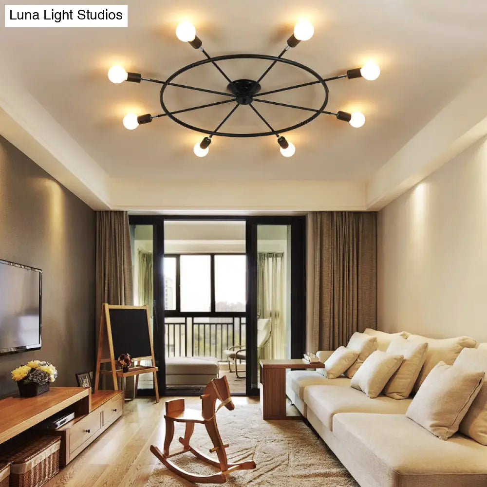 Traditional Metal Semi Flush Ceiling Light With 8 Black Wheel-Shaped Lights - Perfect For Living