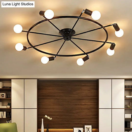 Traditional Metal Semi Flush Ceiling Light With 8 Black Wheel-Shaped Lights - Perfect For Living