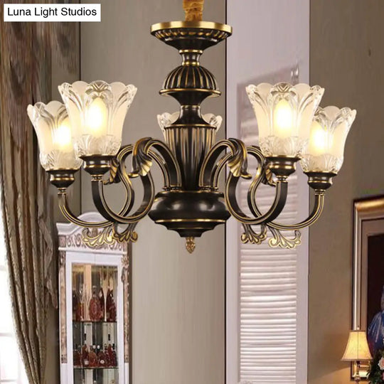 Traditional Metal Starburst Pendant Chandelier With 5 Lights In Black/Gold & Frosted Flower Glass