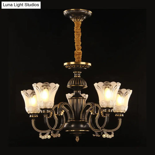 Traditional Metal Starburst Pendant Chandelier With 5 Lights In Black/Gold & Frosted Flower Glass