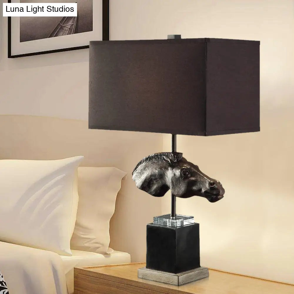 Traditional Metal Table Light With Fabric Shade And Horse Head Design