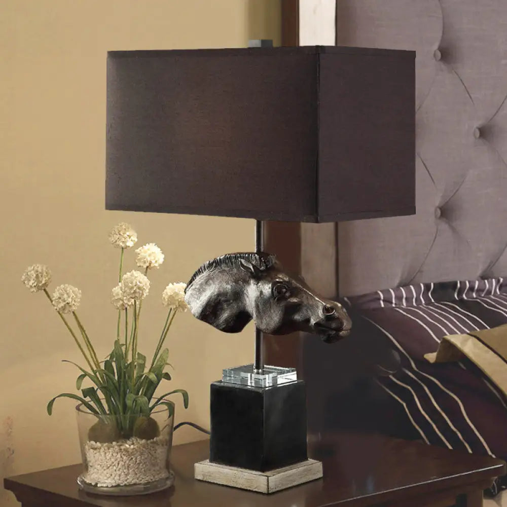 Traditional Metal Table Light With Fabric Shade And Horse Head Design Brown