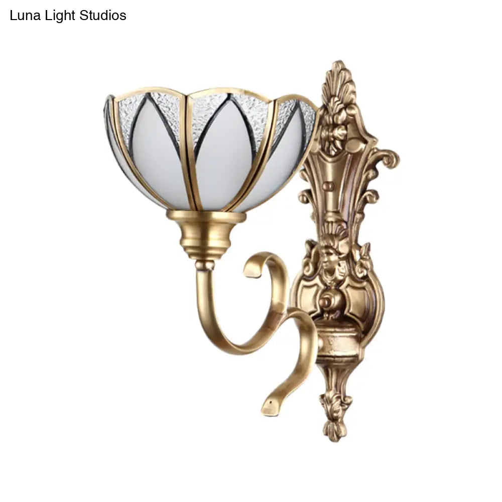 Traditional Metal Wall Lamp With Brass Finish And White Glass Shade - Bowl Hallway Design 1/2 Heads