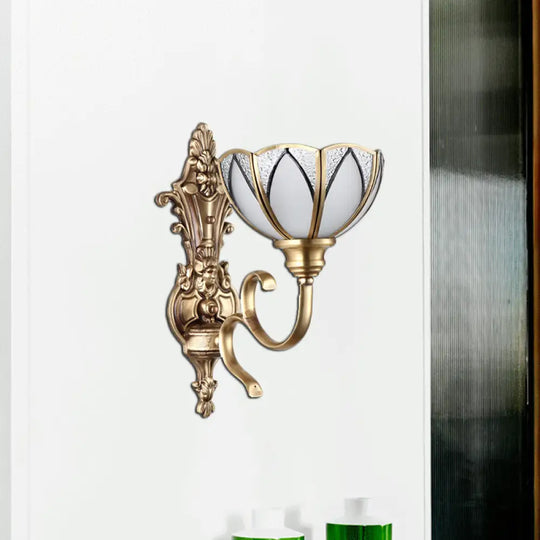 Traditional Metal Wall Lamp With Brass Finish And White Glass Shade - Bowl Hallway Design 1/2 Heads