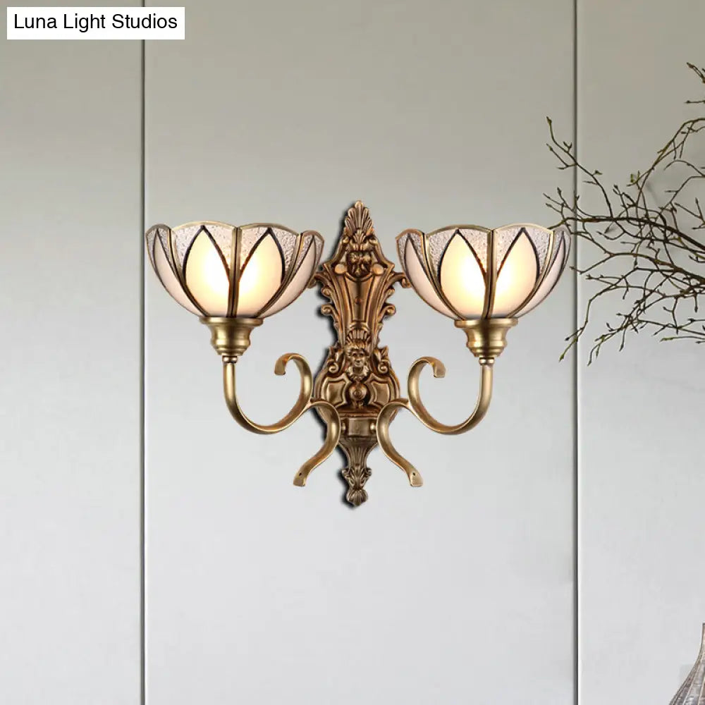 Traditional Metal Wall Lamp With Brass Finish And White Glass Shade - Bowl Hallway Design 1/2 Heads