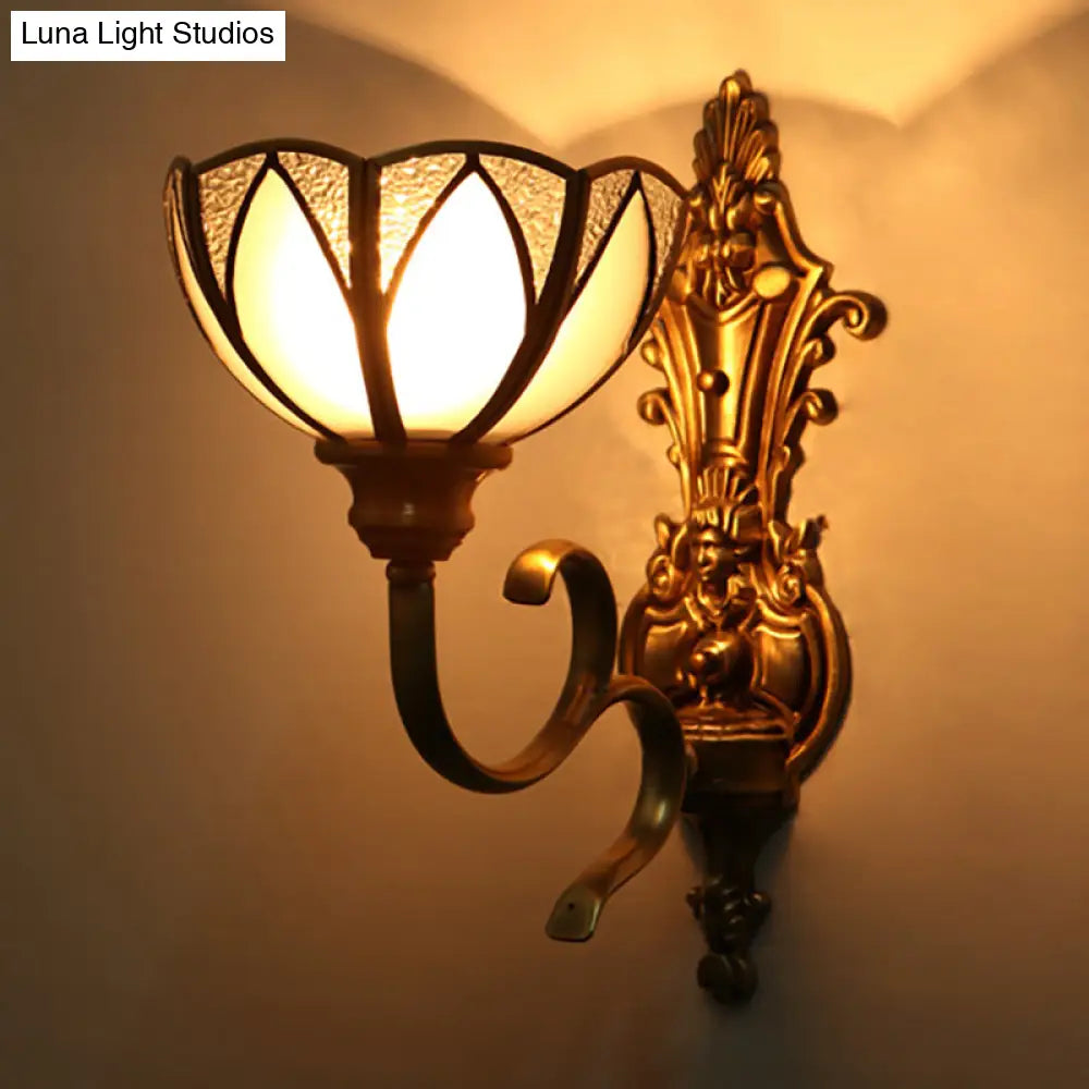 Traditional Metal Wall Lamp With Brass Finish And White Glass Shade - Bowl Hallway Design 1/2 Heads