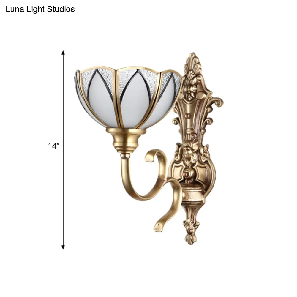 Traditional Metal Wall Lamp With Brass Finish And White Glass Shade - Bowl Hallway Design 1/2 Heads