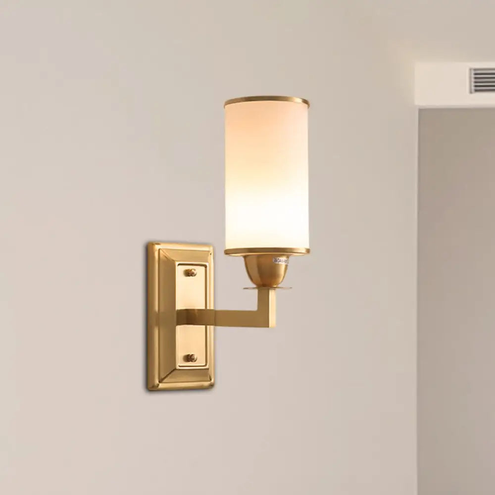 Traditional Metal Wall Lamp With Brass Sconce And Cylinder White Glass Shade