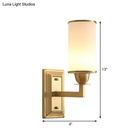 Traditional Metal Wall Lamp With Brass Sconce And Cylinder White Glass Shade