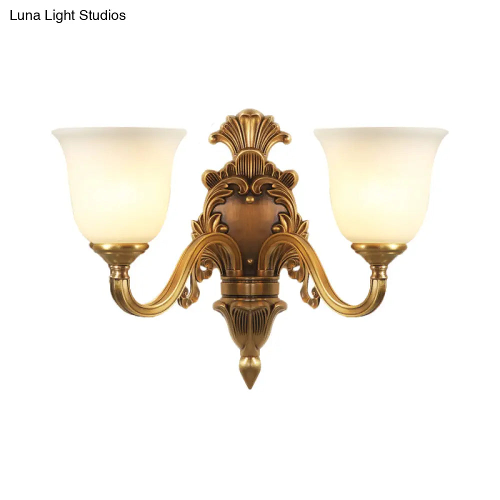 Traditional Milk Glass Bell Wall Light Fixture - 1/2-Head Brass Mount Lighting For Living Room