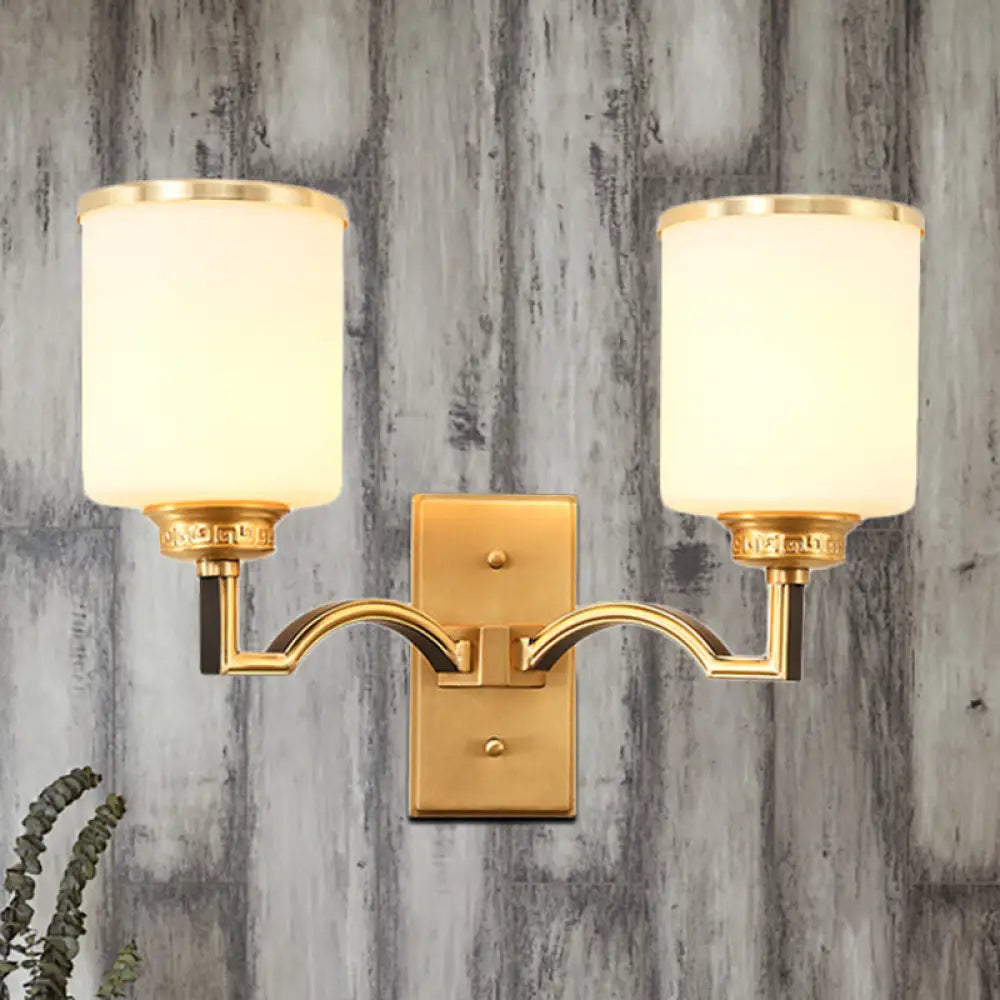 Traditional Milk Glass Wall Sconce In Gold - Cylindrical Living Room Light Fixture 2 /