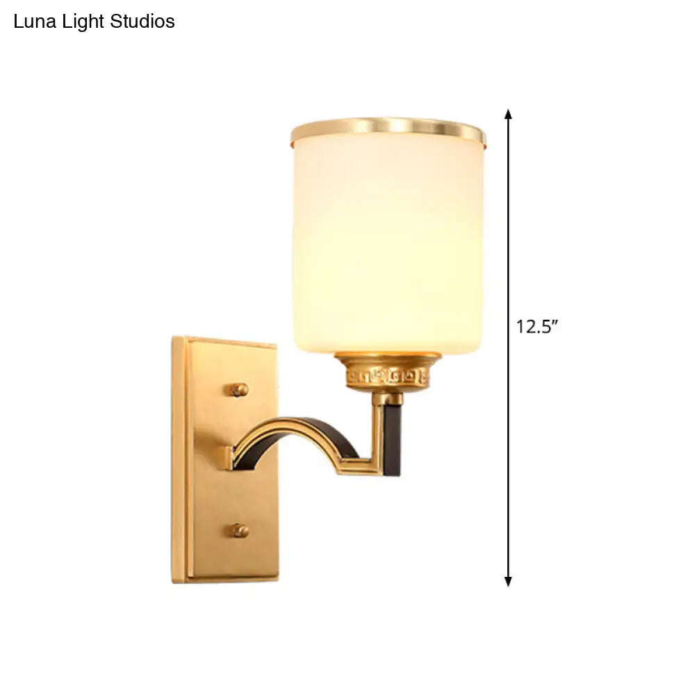 Traditional Milk Glass Wall Sconce In Gold - Cylindrical Living Room Light Fixture