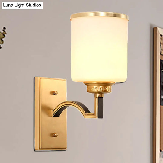 Traditional Milk Glass Wall Sconce In Gold - Cylindrical Living Room Light Fixture