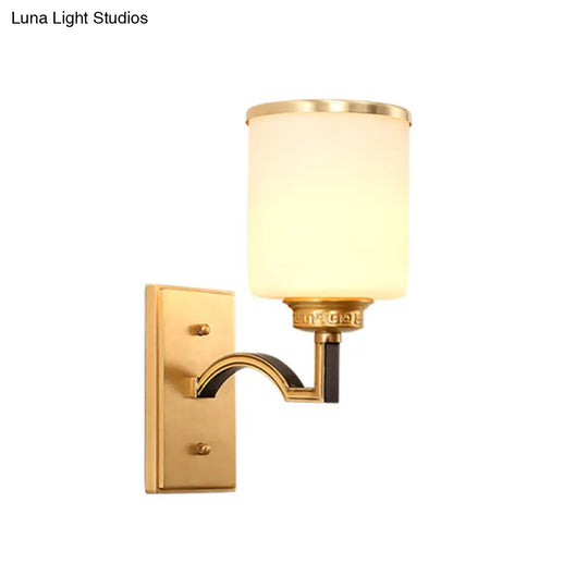 Traditional Milk Glass Wall Sconce In Gold - Cylindrical Living Room Light Fixture