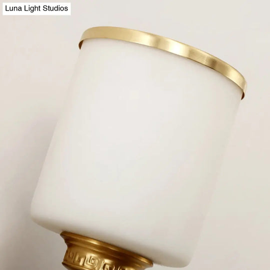 Traditional Milk Glass Wall Sconce In Gold - Cylindrical Living Room Light Fixture