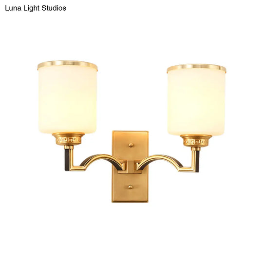 Traditional Milk Glass Wall Sconce In Gold - Cylindrical Living Room Light Fixture