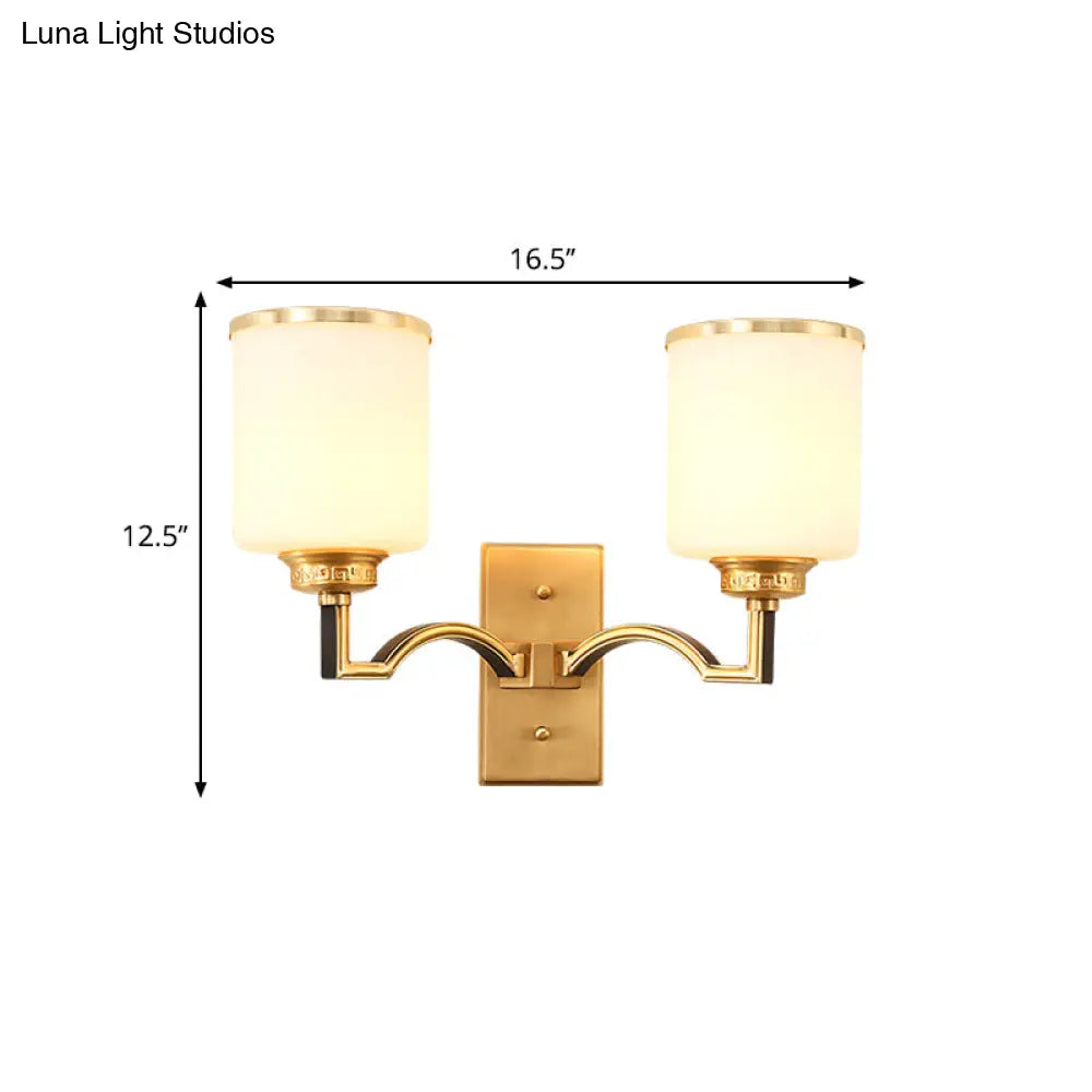 Traditional Milk Glass Wall Sconce In Gold - Cylindrical Living Room Light Fixture