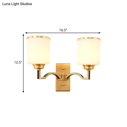 Traditional Milk Glass Wall Sconce In Gold - Cylindrical Living Room Light Fixture