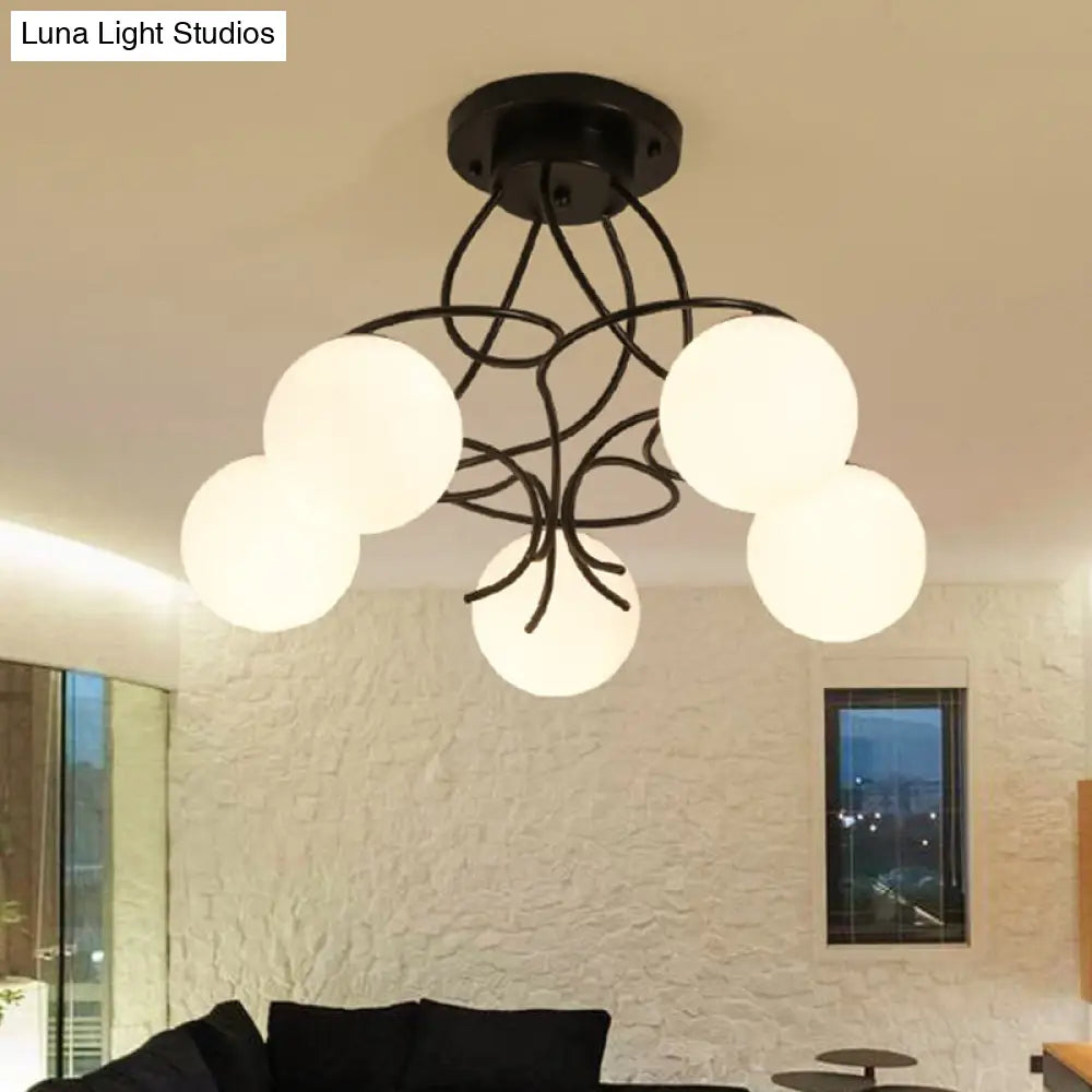 Traditional Milky Glass Semi Flush Ceiling Lamp - Black/White 3/5 Lights For Living Room 5 / Black