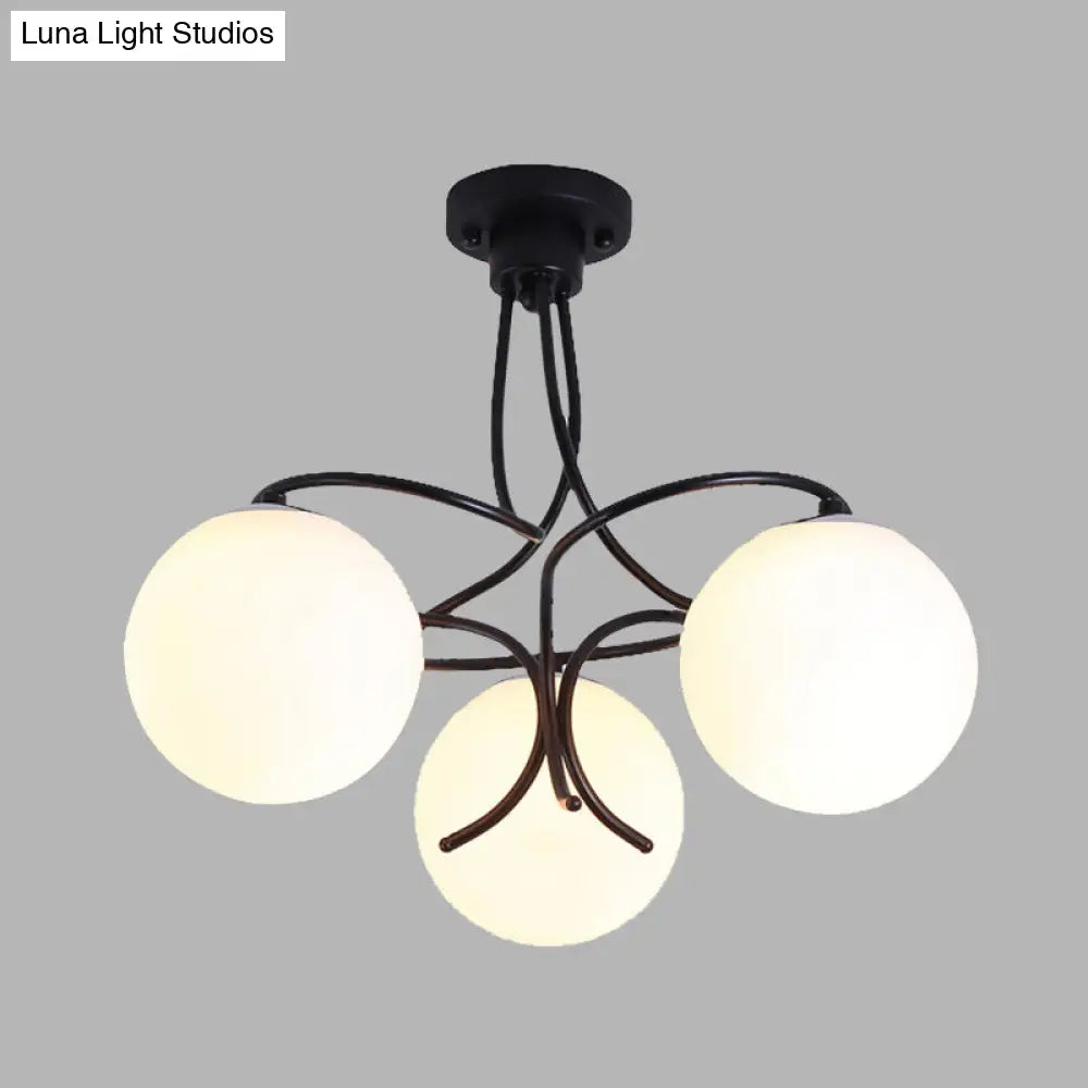 Traditional Milky Glass Semi Flush Ceiling Lamp - Black/White 3/5 Lights For Living Room