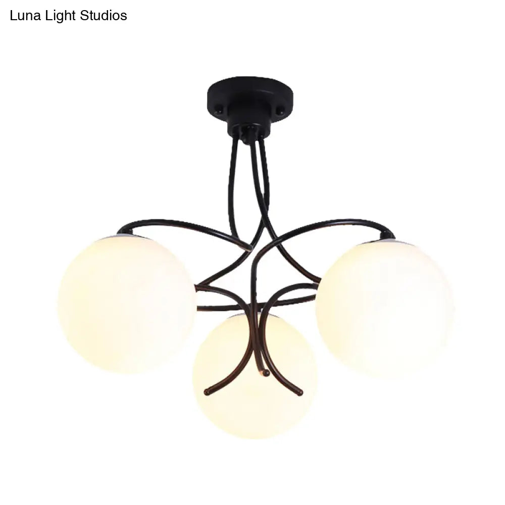 Traditional Milky Glass Semi Flush Ceiling Lamp - Black/White 3/5 Lights For Living Room