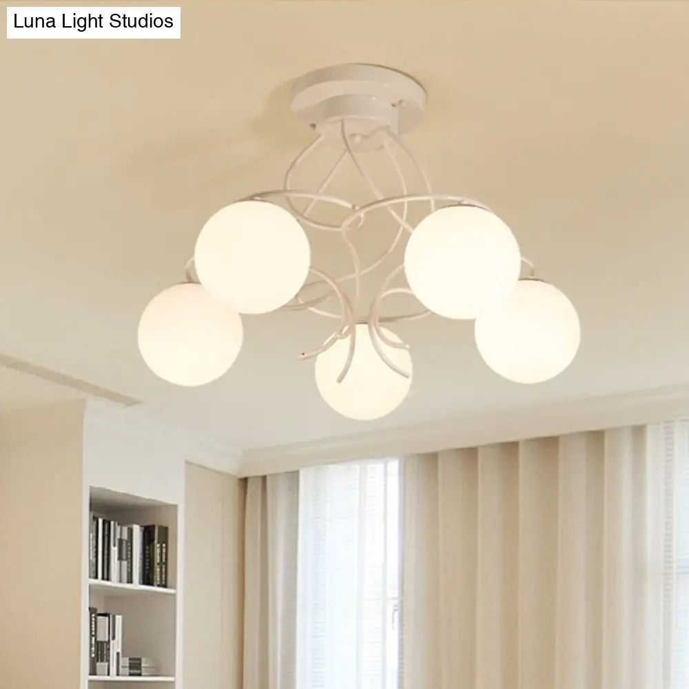 Traditional Milky Glass Semi Flush Ceiling Lamp - Black/White 3/5 Lights For Living Room 5 / White