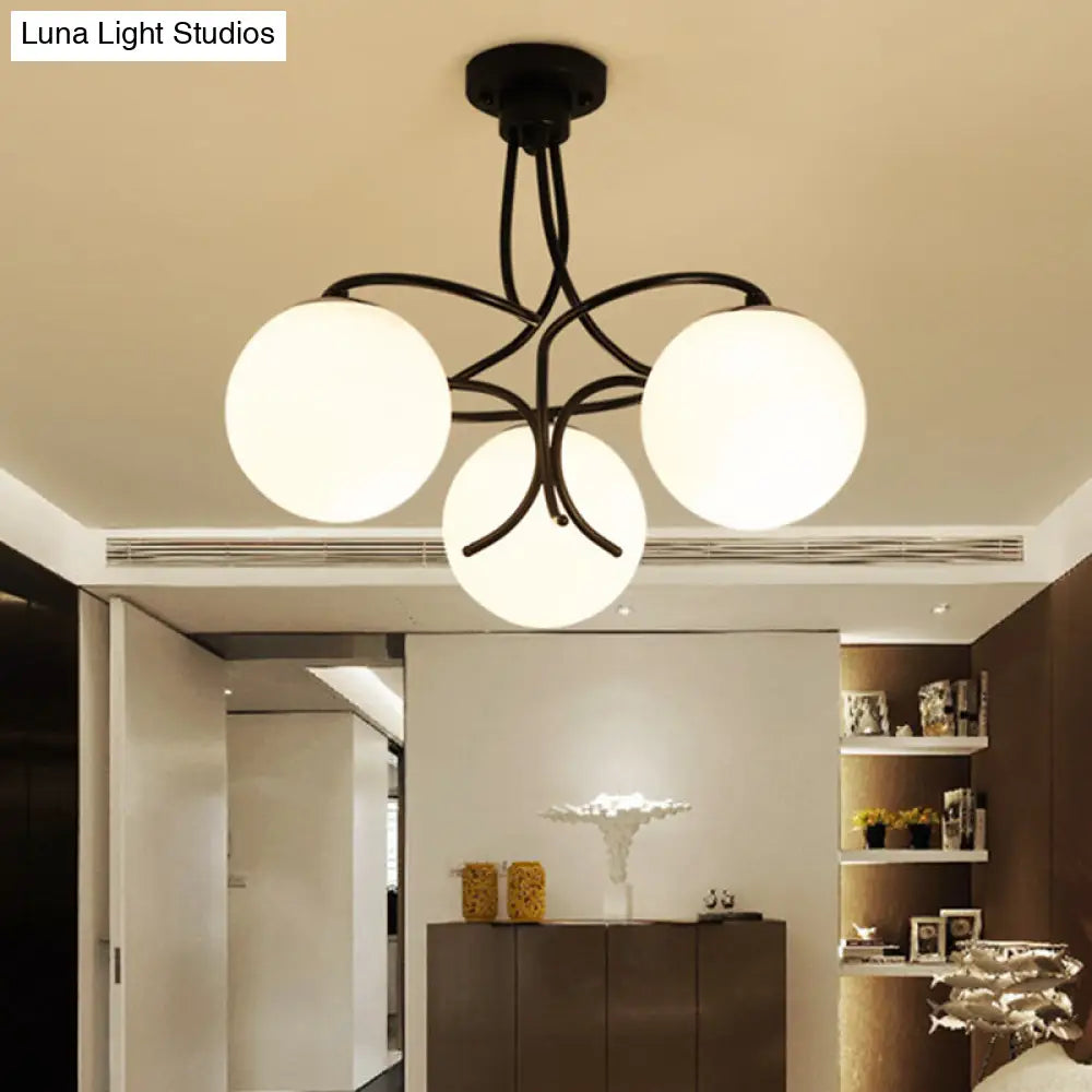 Traditional Milky Glass Semi Flush Ceiling Lamp - Black/White 3/5 Lights For Living Room 3 / Black