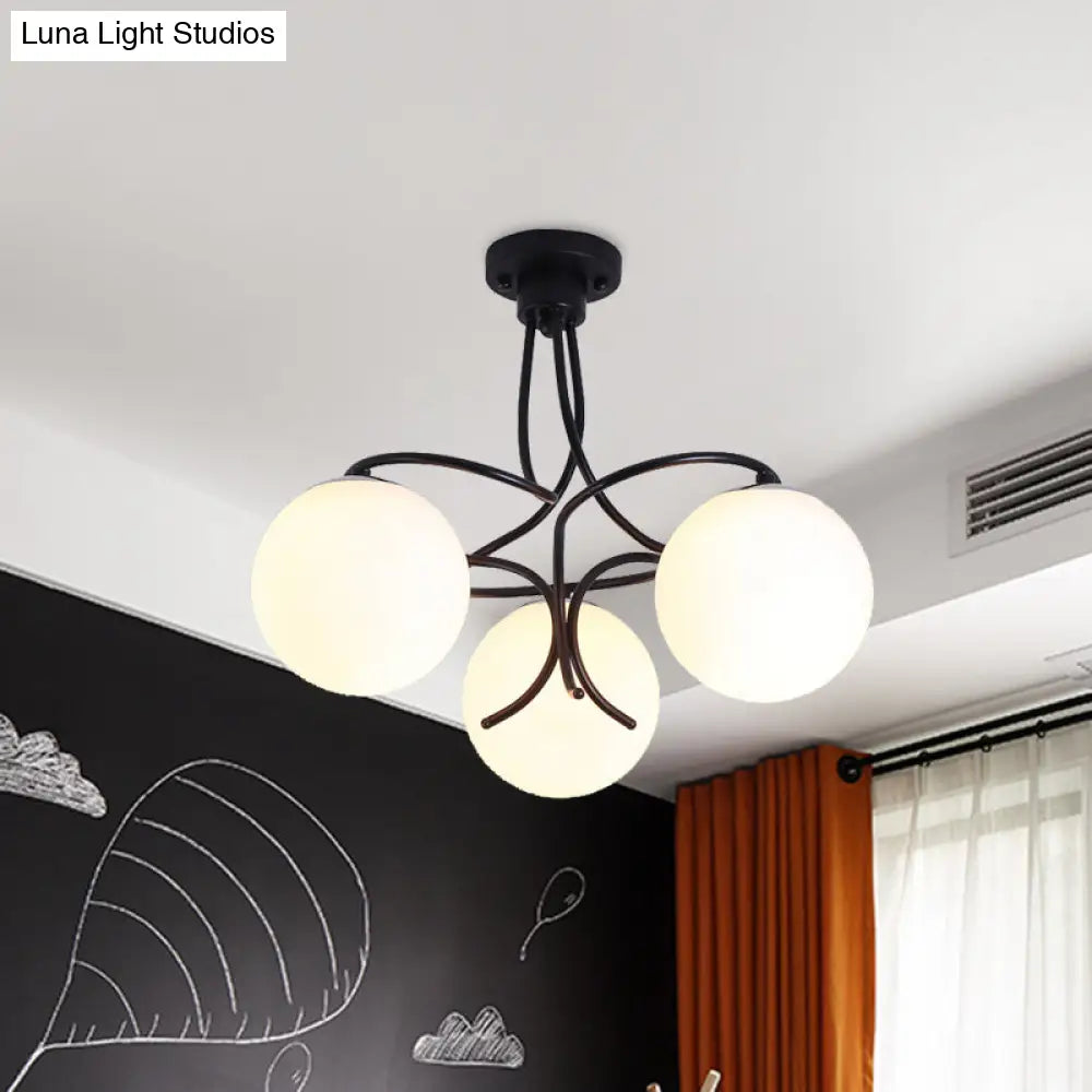 Traditional Milky Glass Semi Flush Ceiling Lamp - Black/White 3/5 Lights For Living Room