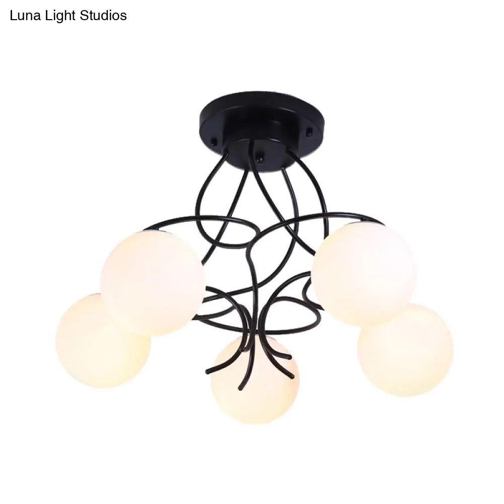 Traditional Milky Glass Semi Flush Ceiling Lamp - Black/White 3/5 Lights For Living Room