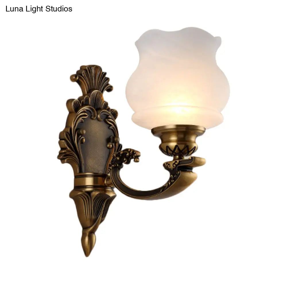 Traditional Milky Glass Wall Mount Lamp With Petal Shade - Brass Finish