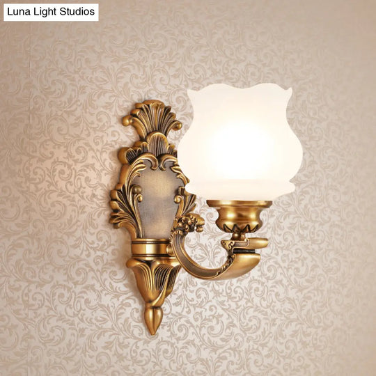 Traditional Milky Glass Wall Mount Lamp With Petal Shade - Brass Finish