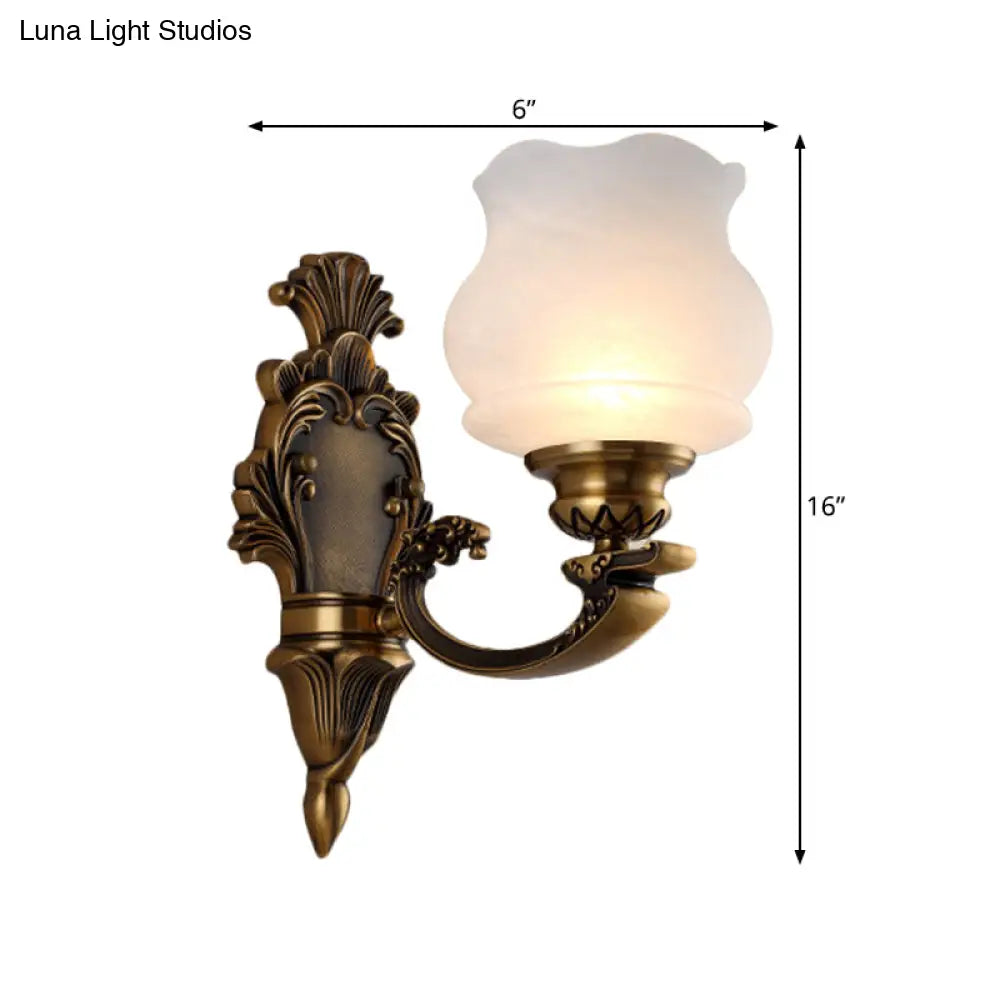 Traditional Milky Glass Wall Mount Lamp With Petal Shade - Brass Finish