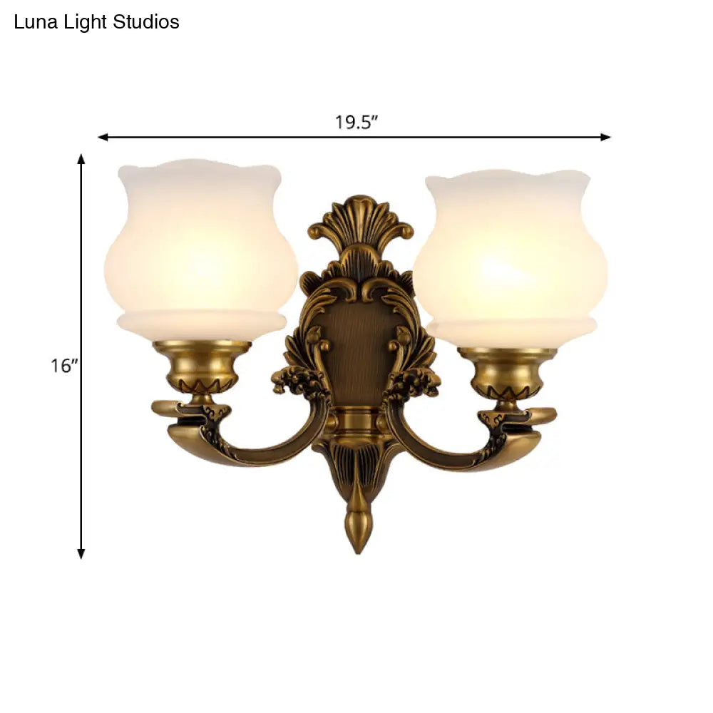 Traditional Milky Glass Wall Mount Lamp With Petal Shade - Brass Finish