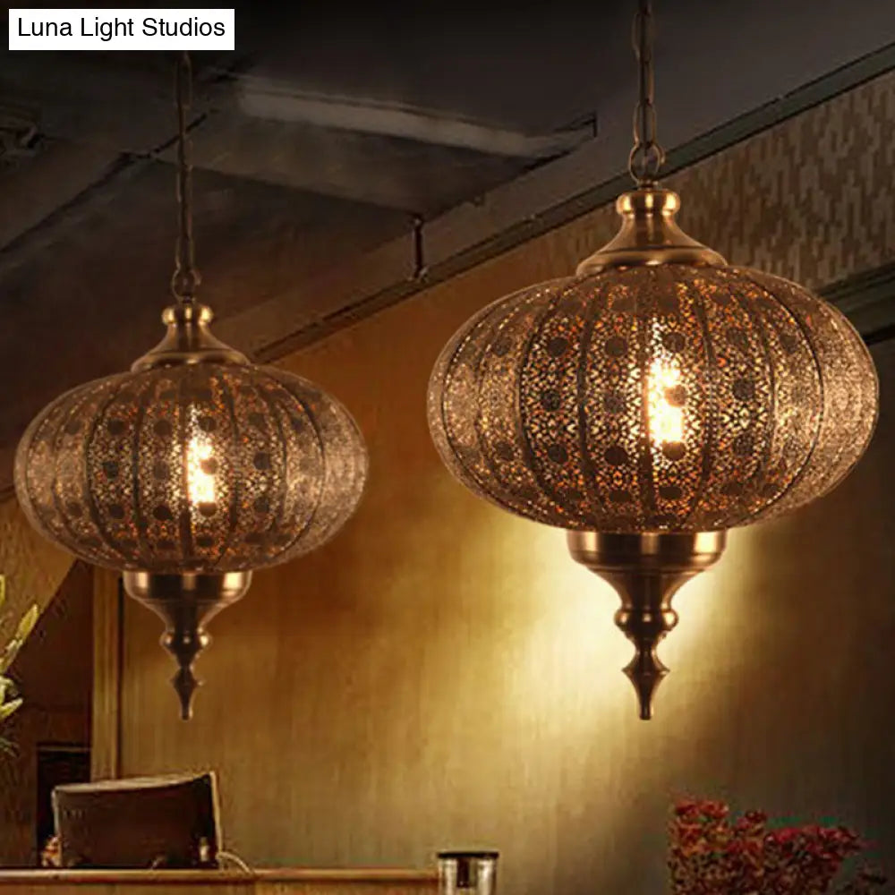 Traditional Oblate Lantern Pendant Ceiling Light - Metallic Suspension Restaurant Lighting (1-Light