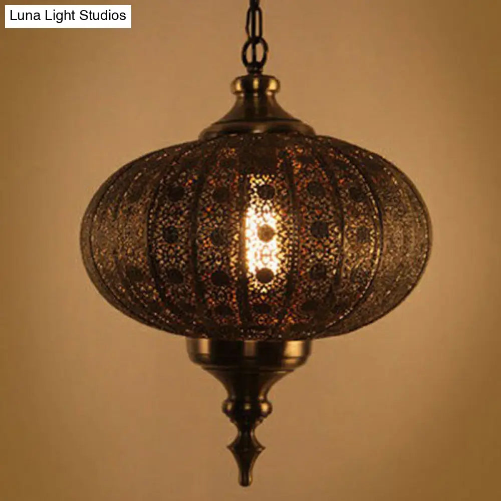 Traditional Oblate Lantern Pendant Ceiling Light - Metallic Suspension Restaurant Lighting (1-Light