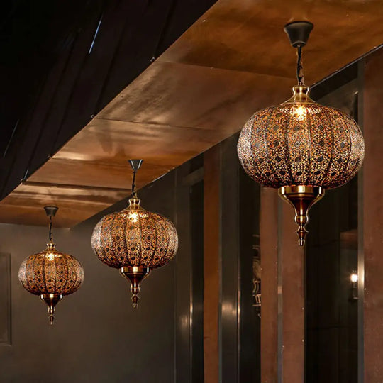 Traditional Oblate Lantern Pendant Ceiling Light - Metallic Suspension Restaurant Lighting (1-Light