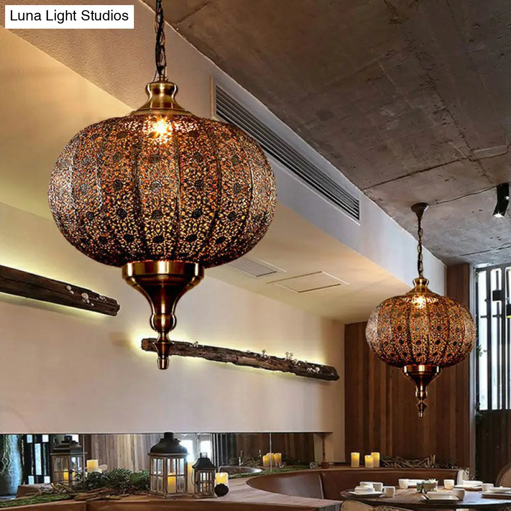 Traditional Oblate Lantern Pendant Ceiling Light - Metallic Suspension Restaurant Lighting (1-Light