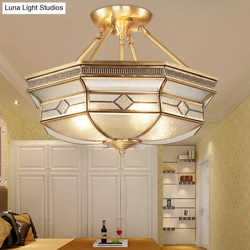 Traditional Octagon Semi Flush Ceiling Light - Textured Glass Brass Finish Ideal For Bedroom