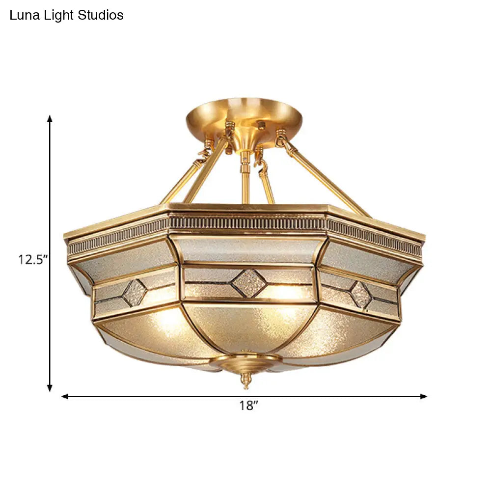 Traditional Octagon Semi Flush Ceiling Light - Textured Glass Brass Finish Ideal For Bedroom