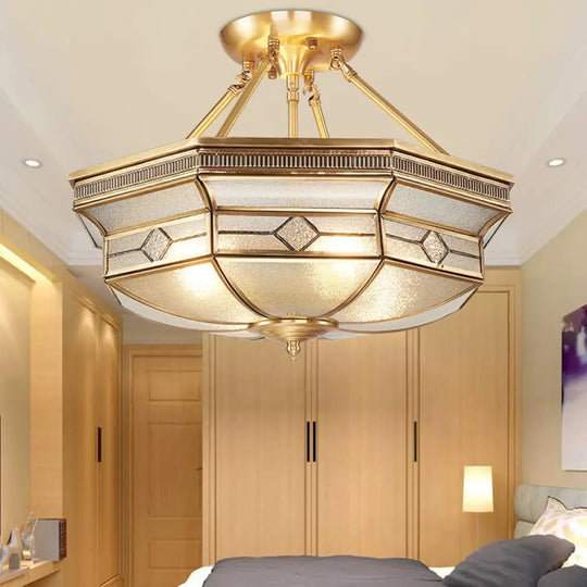 Traditional Octagon Semi Flush Ceiling Light - Textured Glass Brass Finish Ideal For Bedroom