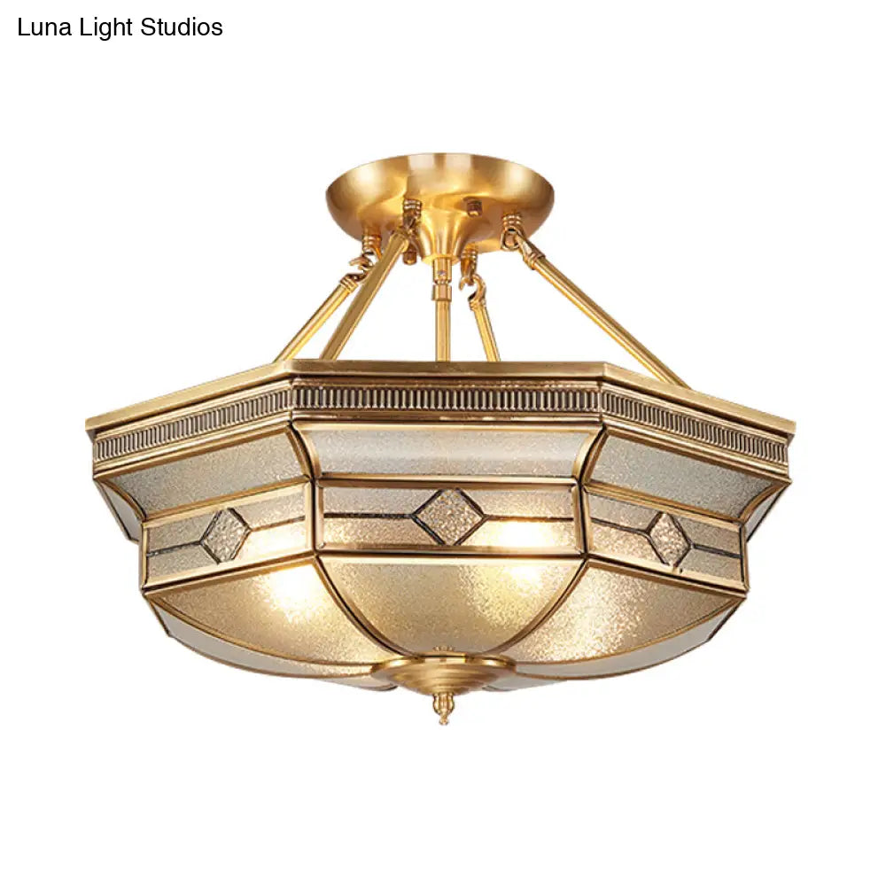 Traditional Octagon Semi Flush Ceiling Light - Textured Glass Brass Finish Ideal For Bedroom