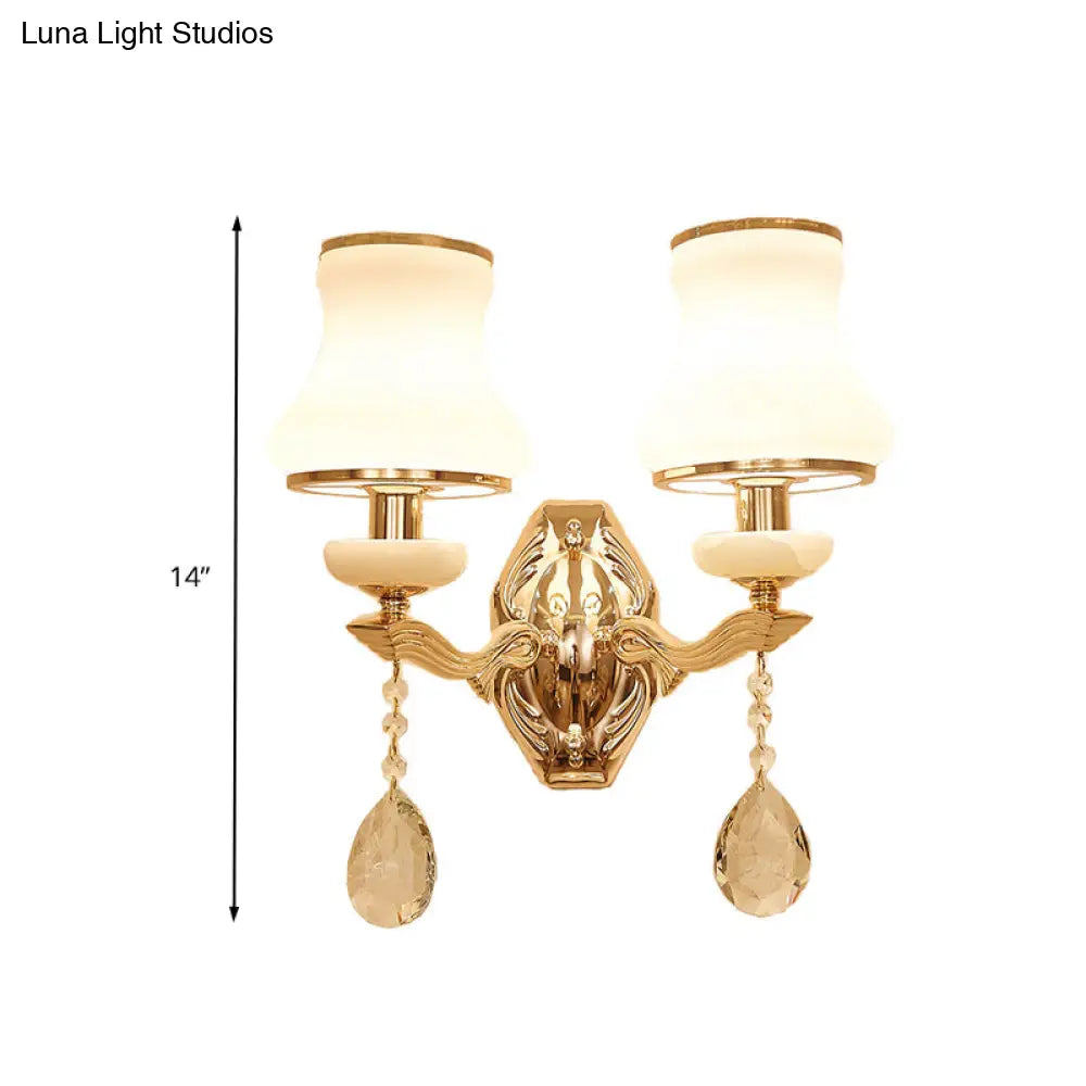 Traditional Opal Frosted Glass 1/2 Bulbs Brass Wall Sconce With Clear Crystal Drop