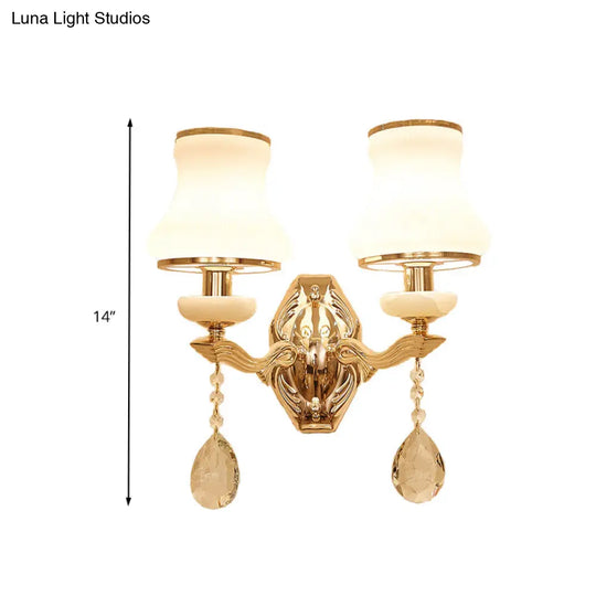 Traditional Opal Frosted Glass 1/2 Bulbs Brass Wall Sconce With Clear Crystal Drop