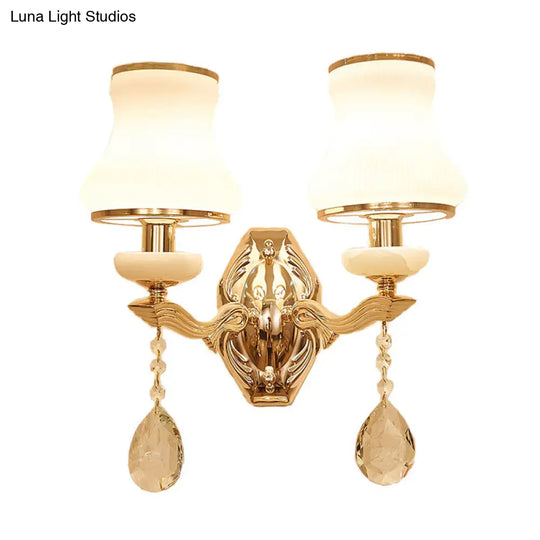 Traditional Opal Frosted Glass 1/2 Bulbs Brass Wall Sconce With Clear Crystal Drop