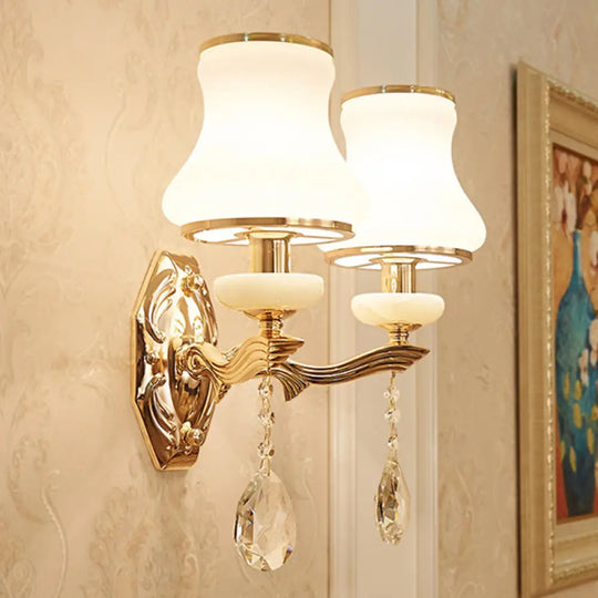 Traditional Opal Frosted Glass 1/2 Bulbs Brass Wall Sconce With Clear Crystal Drop 2 /